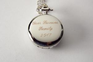 Personalized Pendant Watch Custom Engraved Necklace Watch Blue Enamel and Crystals - Hand Engraved
