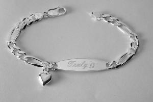 Custom Engraved Sterling Silver ID Bracelet with Heart Charm 7 Inch Length Personalized Jewelry - Hand Engraved