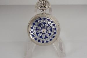 Personalized Pendant Watch Custom Engraved Necklace Watch Blue Enamel and Crystals - Hand Engraved