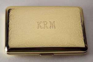 Personalized Custom Engraved Golden Business Card Case or Kings Cigarette Case Double Sided Scroll Design -Hand Engraved