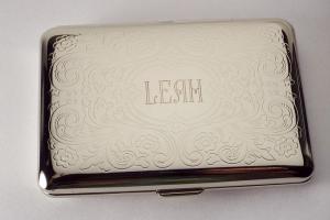 Custom Engraved Personalized Business Card Case or Kings Cigarette Case Double Sided Scroll Design -Hand Engraved