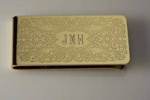 Custom Engraved Money Clip Personalized Gold Tone with Scroll Design -Hand Engraved