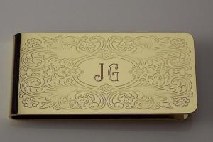 Custom Engraved Money Clip Personalized Gold Tone with Scroll Design -Hand Engraved