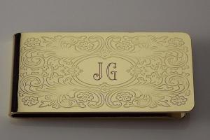 Custom Engraved Money Clip Personalized Gold Tone with Scroll Design  -Hand Engraved