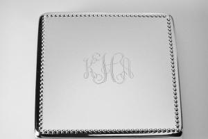 Custom Engraved Personalized Silver Square Jewelry Box with Beaded Trim - Hand Engraved
