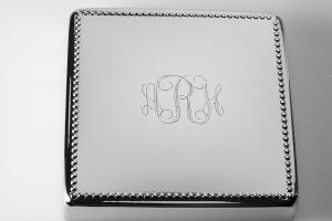 Custom Engraved Personalized Silver Square Jewelry Box with Beaded Trim - Hand Engraved