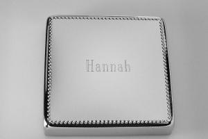 Custom Engraved Personalized Silver Square Jewelry Box with Beaded Trim - Hand Engraved