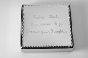 Custom Engraved Personalized Silver Square Jewelry Box with Beaded Trim - Hand Engraved