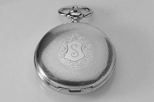 Pocket Watch Custom Engraved Mechanical Wind Up Pocket Watch with Front Shield and Skeleton Back and Dial - Hand Engraved