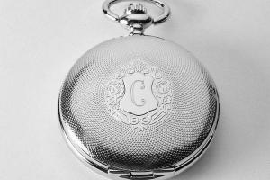 Pocket Watch Custom Engraved Mechanical Wind Up Pocket Watch with Front Shield and Skeleton Back and Dial - Hand Engraved