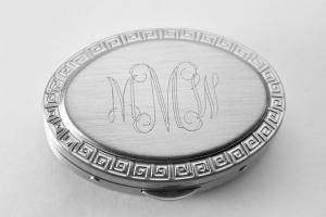 Custom Engraved Pill Box Personalized Silver Oval with Greek Key Design Mirror and Removable Divider  -Hand Engraved