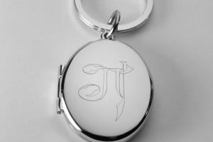 Photo Locket Keychain Personalized Custom Engraved Silver High Polish Oval  - Hand Engraved