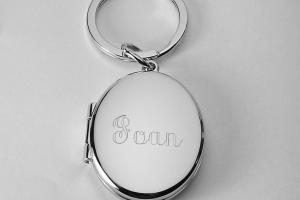 Photo Locket Keychain Personalized Custom Engraved Silver High Polish Oval - Hand Engraved
