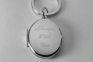 Photo Locket Keychain Personalized Custom Engraved Silver High Polish Oval - Hand Engraved