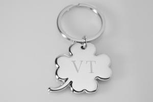 Custom Engraved Personalized Lucky Four Leaf Clover High Polish Silver Key Chain  - Hand Engraved