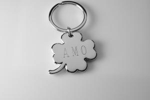 Custom Engraved Personalized Lucky Four Leaf Clover High Polish Silver Key Chain - Hand Engraved