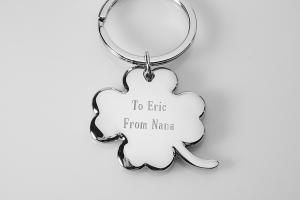 Custom Engraved Personalized Lucky Four Leaf Clover High Polish Silver Key Chain - Hand Engraved
