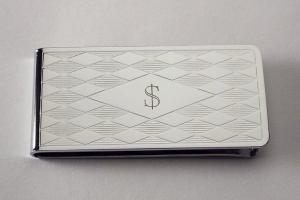 Custom Engraved Personalized Money Clip Chrome Plated with Diamond Pattern - Hand Engraved