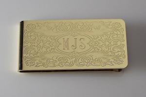 Custom Engraved Money Clip Personalized Gold Tone with Scroll Design -Hand Engraved