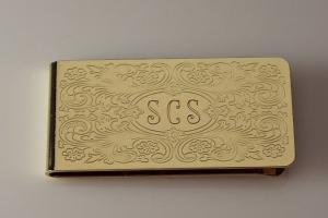 Custom Engraved Money Clip Personalized Gold Tone with Scroll Design  -Hand Engraved