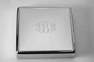 Custom Engraved Personalized Silver Square Jewelry Box with Beaded Trim - Hand Engraved