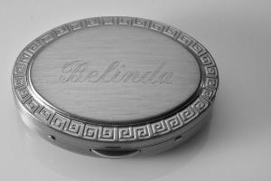 Custom Engraved Pill Box Personalized Silver Oval with Greek Key Design Mirror and Removable Divider -Hand Engraved