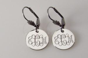 Monogram Earrings Custom Engraved Silver Plated Round Lever Back Personalized Jewelry - Hand Engraved