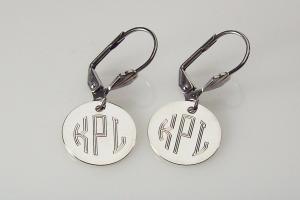 Monogram Earrings Custom Engraved Silver Plated Round Lever Back Personalized Jewelry - Hand Engraved