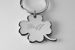 Custom Engraved Personalized Lucky Four Leaf Clover High Polish Silver Key Chain - Hand Engraved