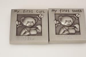 Baby Gift Custom Engraved Personalized Pewter Finish First Tooth and First Curl Keepsake Boxes  -  Hand Engraved