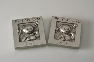 Baby Gift Custom Engraved Personalized Pewter Finish First Tooth and First Curl Keepsake Boxes  -  Hand Engraved