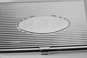 Custom Engraved Business Card Case Silver Ribbed Design with Personalized Oval Center -Hand Engraved