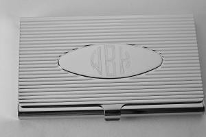 Custom Engraved Business Card Case Silver Ribbed Design with Personalized Oval Center -Hand Engraved