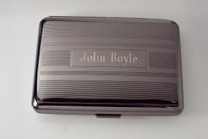 Engraved Gloss Black Business Card Case Personalized Double Sided Linear Design or Kings Cigarette Case -Hand Engraved
