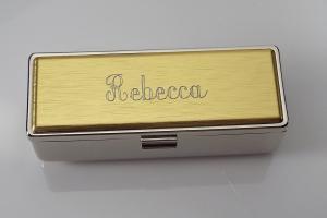 Engraved Lipstick Case Personalized Custom Single Lipstick Case with Mirror Two Tone Silver with Gold Top  - Hand Engraved