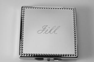 Engraved Compact Mirror Square Personalized Non Tarnish Nickel Plated with Bead Trim Purse Mirror  - Hand Engraved