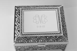 Custom Engraved Jewelry Box Personalized Silver Nickel Plated Floral Motif Footed Trinket Box - Hand Engraved