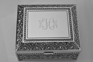 Custom Engraved Jewelry Box Personalized Silver Nickel Plated Floral Motif Footed Trinket Box - Hand Engraved