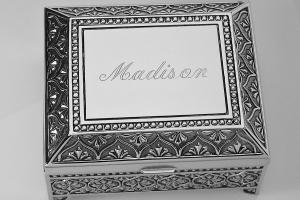 Custom Engraved Personalized Jewelry Box Small Silver Non Tarnish Nickel Plated Floral Motif Footed Trinket Box - Hand Engraved