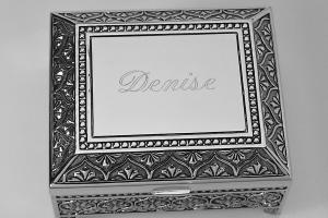 Custom Engraved Personalized Jewelry Box Small Silver Non Tarnish Nickel Plated Floral Motif Footed Trinket Box - Hand Engraved