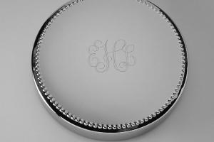 Custom Engraved Personalized Silver Round Jewelry Box with Beaded Trim - Hand Engraved