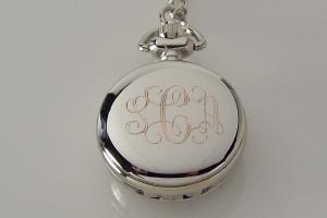 Personalized Pendant Watch Custom Engraved Necklace Watch Blue Enamel and Crystals - Hand Engraved