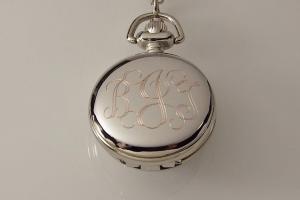 Personalized Pendant Watch Custom Engraved Necklace Watch Black Enamel and Crystals - Hand Engraved
