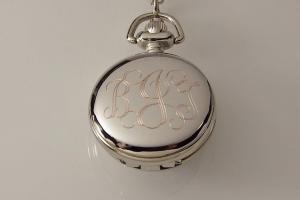 Personalized Pendant Watch Custom Engraved Necklace Watch Black Enamel and Crystals  - Hand Engraved