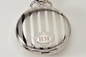 Pocket Watch Custom Engraved Personalized Quartz Watch with Vertical Stripes and Oval Crest - Hand Engraved