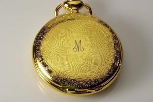 Pocket Watch Custom Engraved Gold Tone Mechanical Wind Up Pocket Watch with Front Shield and Skeleton Back - Hand Engraved