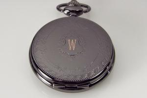 Pocket Watch Custom Engraved Black Mechanical Wind Up Pocket Watch with Front Shield and Skeleton Back - Hand Engraved