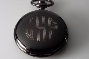 Pocket Watch Custom Engraved Personalized Gloss Black Mechanical Wind Up Watch with Skeleton Dial - Hand Engraved