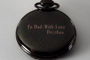 Personalized Pocket Watch Custom Engraved Gloss Black Quartz Pocket Watch with White Dial - Hand Engraved