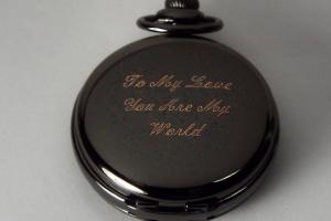 Personalized Pocket Watch Custom Engraved Gloss Black Quartz Pocket Watch with White Dial - Hand Engraved